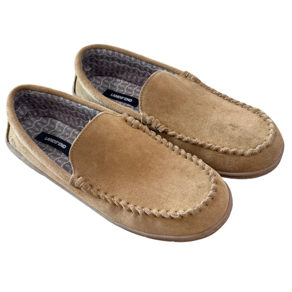 Lands' End Moccasin Slippers Mens 11 Tan Suede Whipstitch Indoor Outdoor